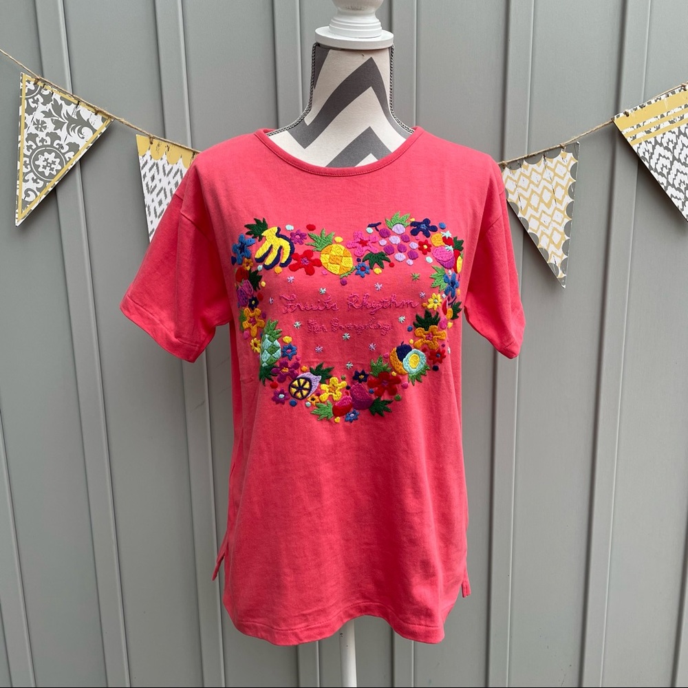 Banana Moon Coral Embroidered Short Sleeve Tee Shirt Fruits Rhythm for Everyday